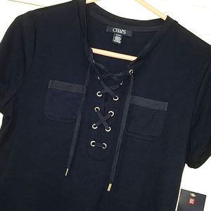 Chaps Lace Up Short Sleeve Knit Top, NWT, Navy, S